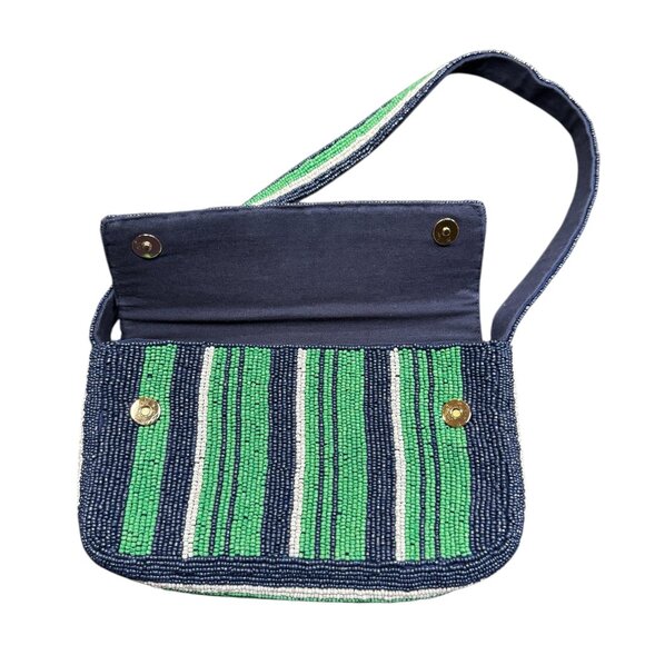 Anthropologie Fiona Beaded Shoulder Bag – Green & Blue Striped Hand-Beaded Purse - Picture 5 of 5